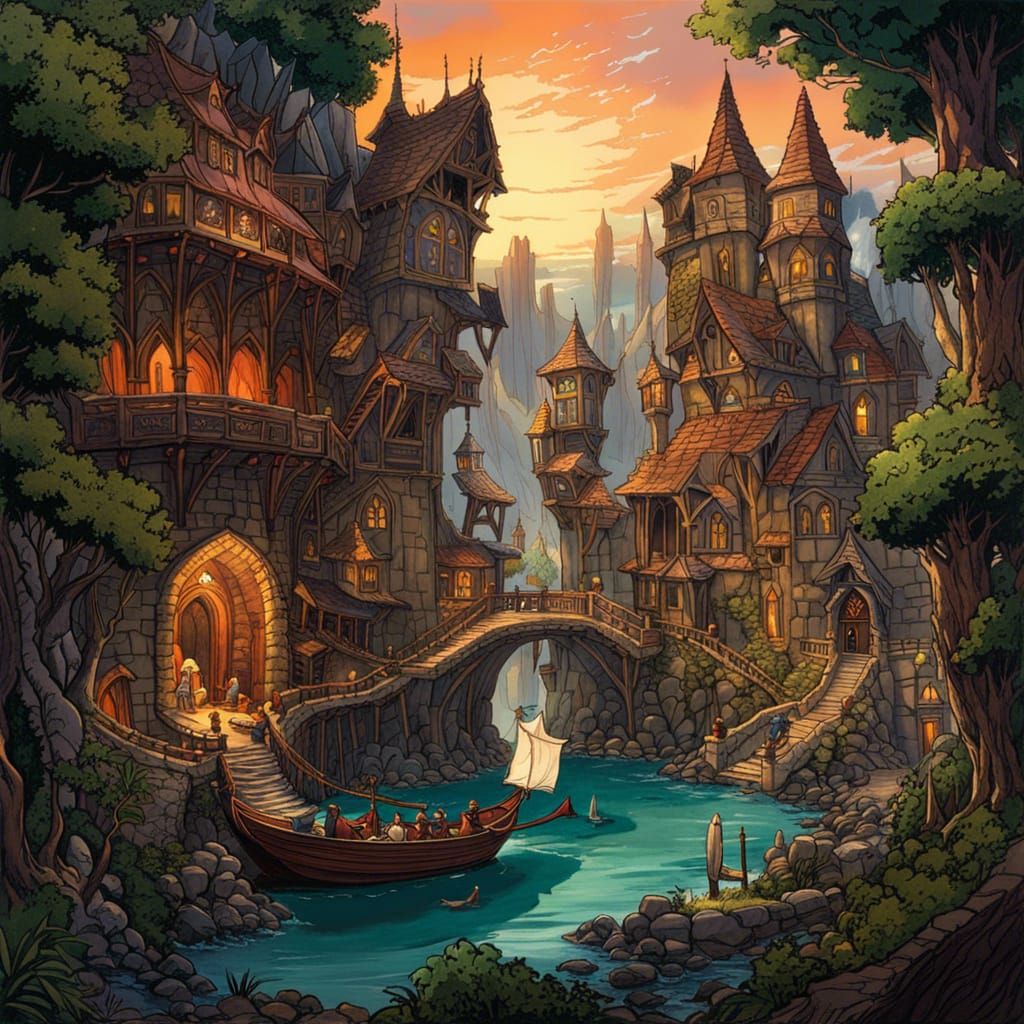 Medieval Fantasy Village in 2D Style
