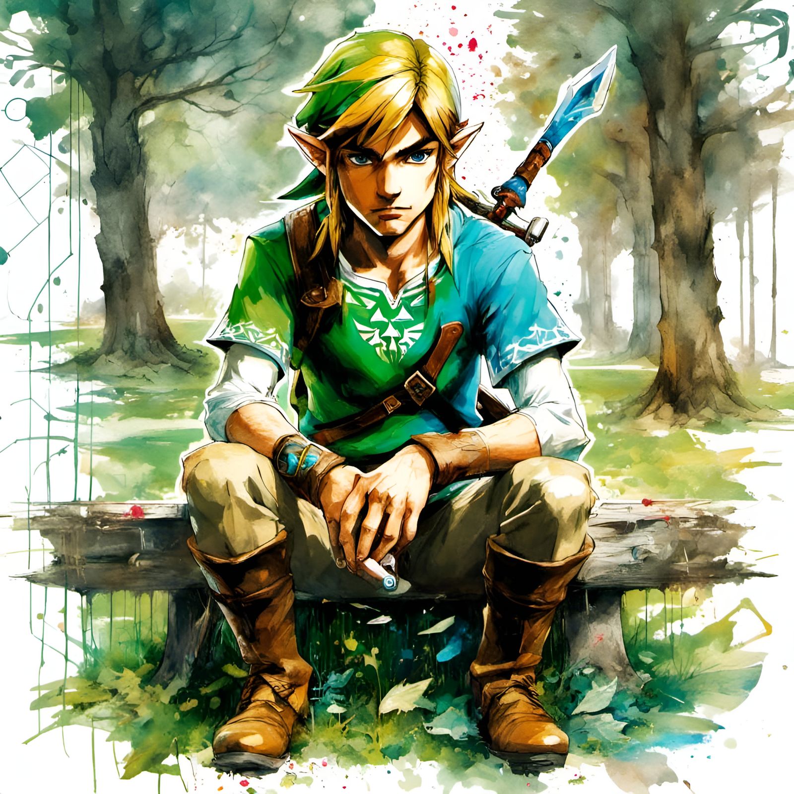 Link Relaxing in a Park, Ink Wash Style