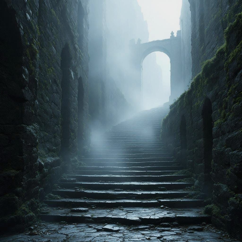 Stairs Disappearing into Mist: A Matte Painting