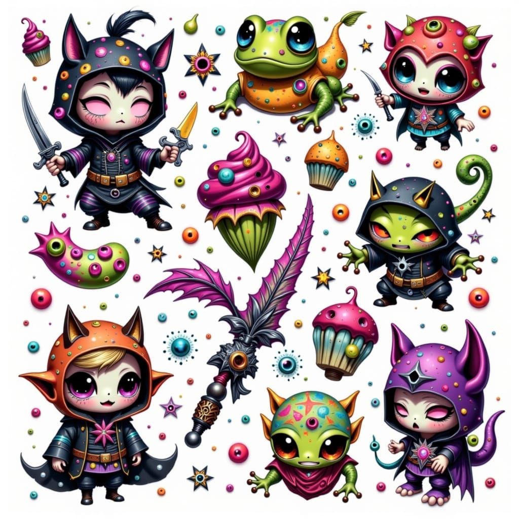 Vibrant Flash Tattoo Sheet with Kawaii Characters