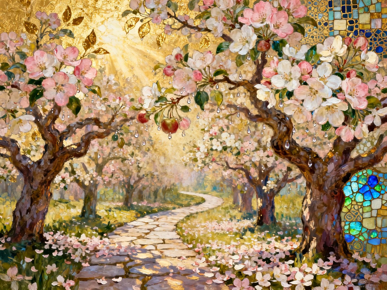Enchanting Apple Blossom Garden in Art Nouveau Style