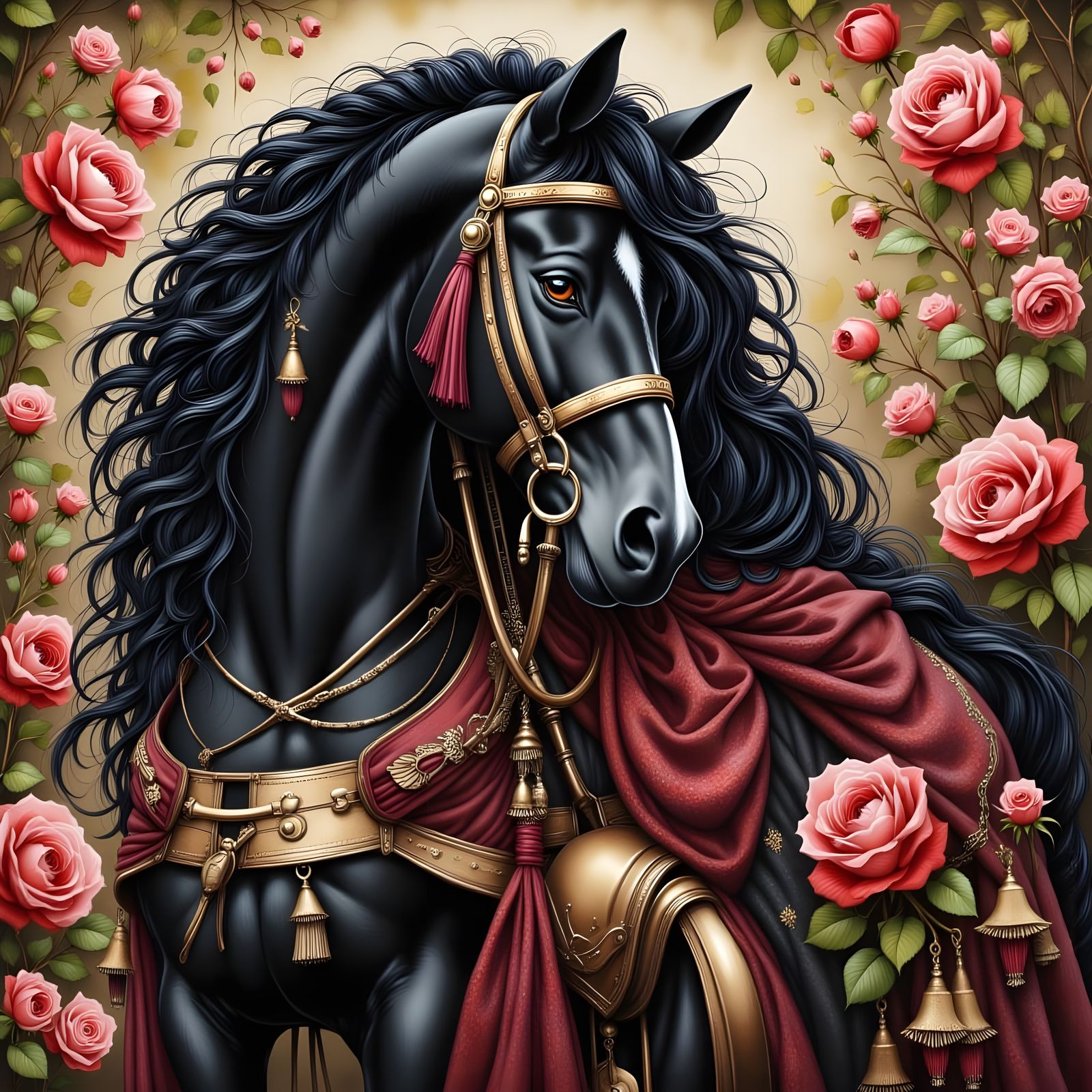 Elegant Black Horse in Rose Garden Oil Painting