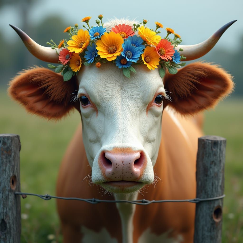 Gentle Fresian Cow in Whimsical Floral Headdress