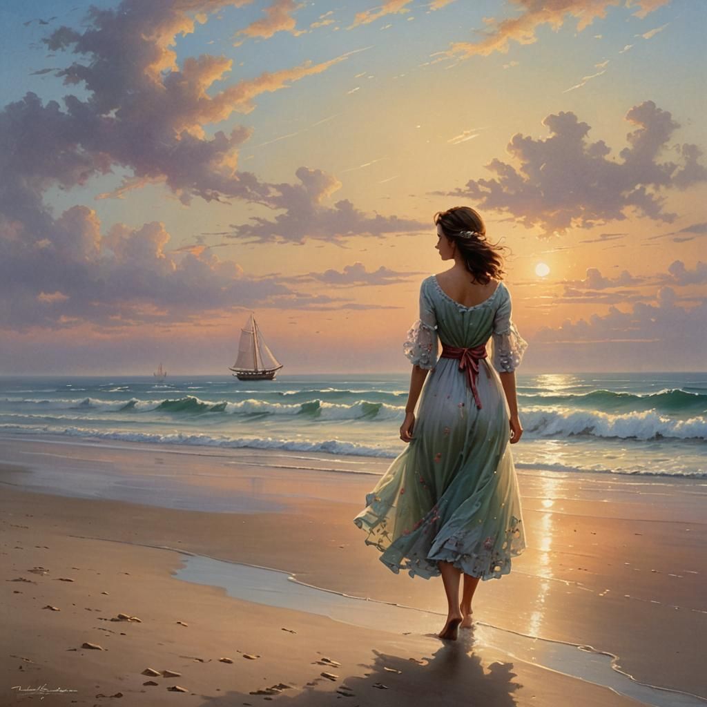 Woman Strolling on Beach at Sunset in Ethereal Style