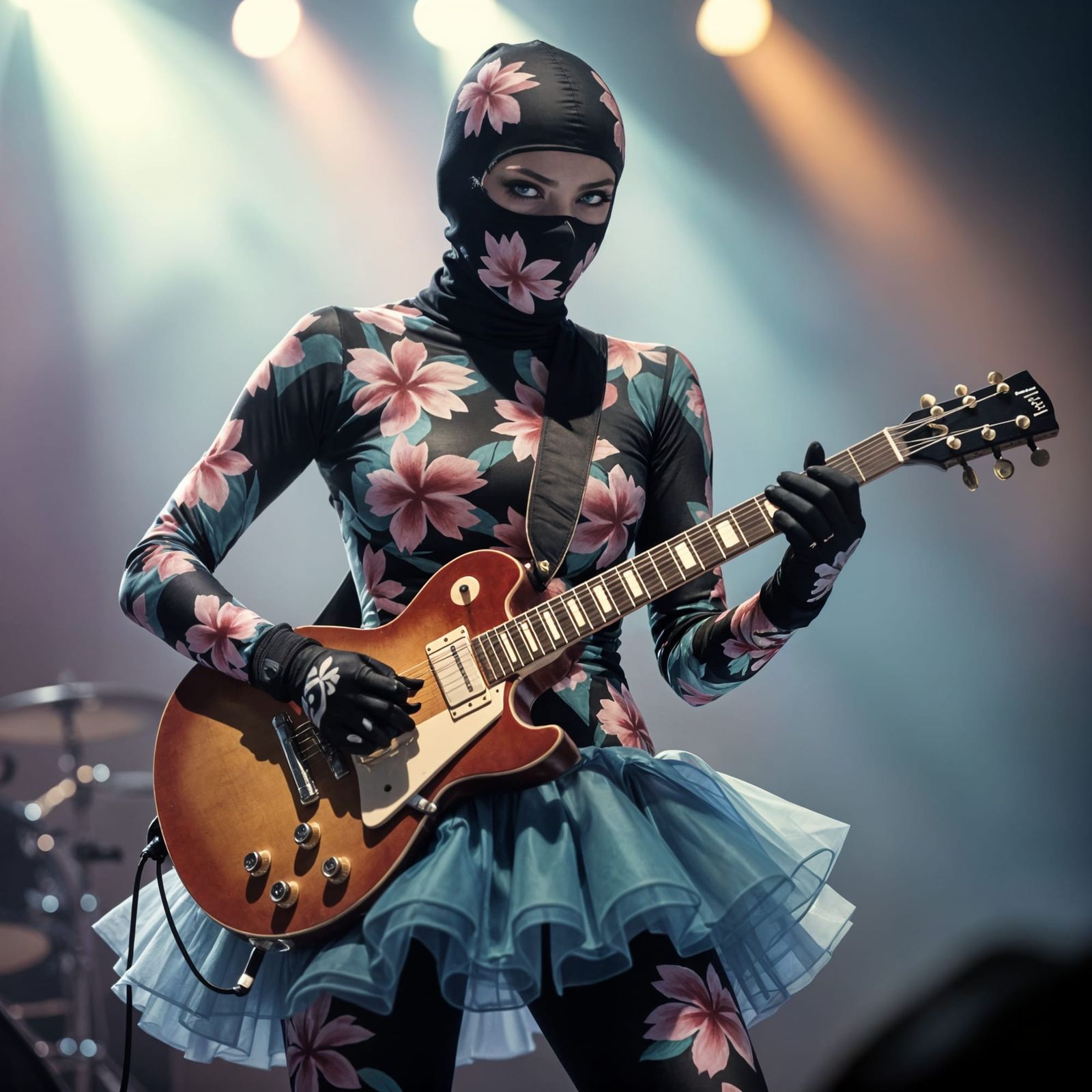 Rockstar Girl in Hawaiian Zentai Suit and Blue Tulle Skirt P...