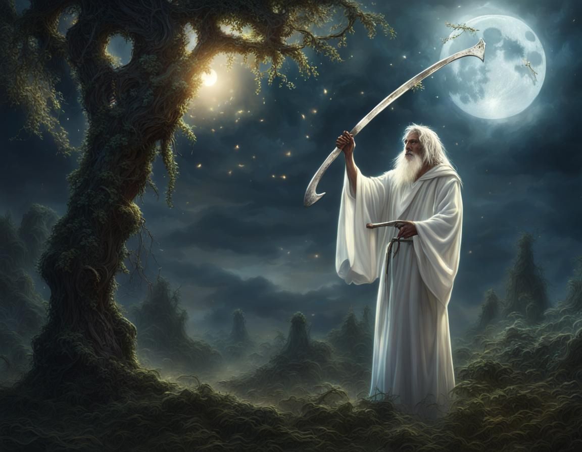 Druid Gathering Mistletoe Under Moonlight
