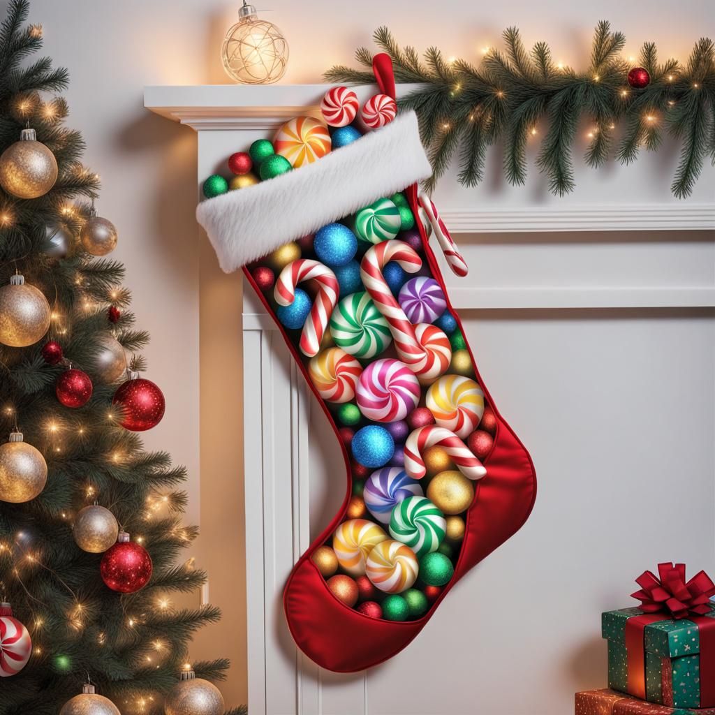 Festive Christmas Stocking with Rainbow Ornaments