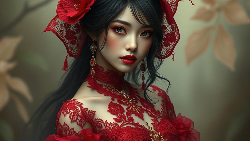 Mystical Asian Temptress in Crimson Gown