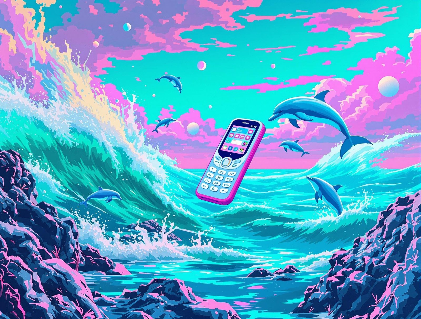 Vibrant Seapunk Oceanscape with Glitchy Nokia 3310