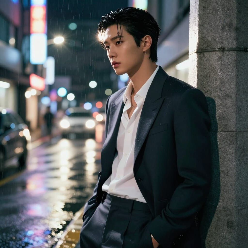 Handsome Korean Actor in Dramatic City Night Scene