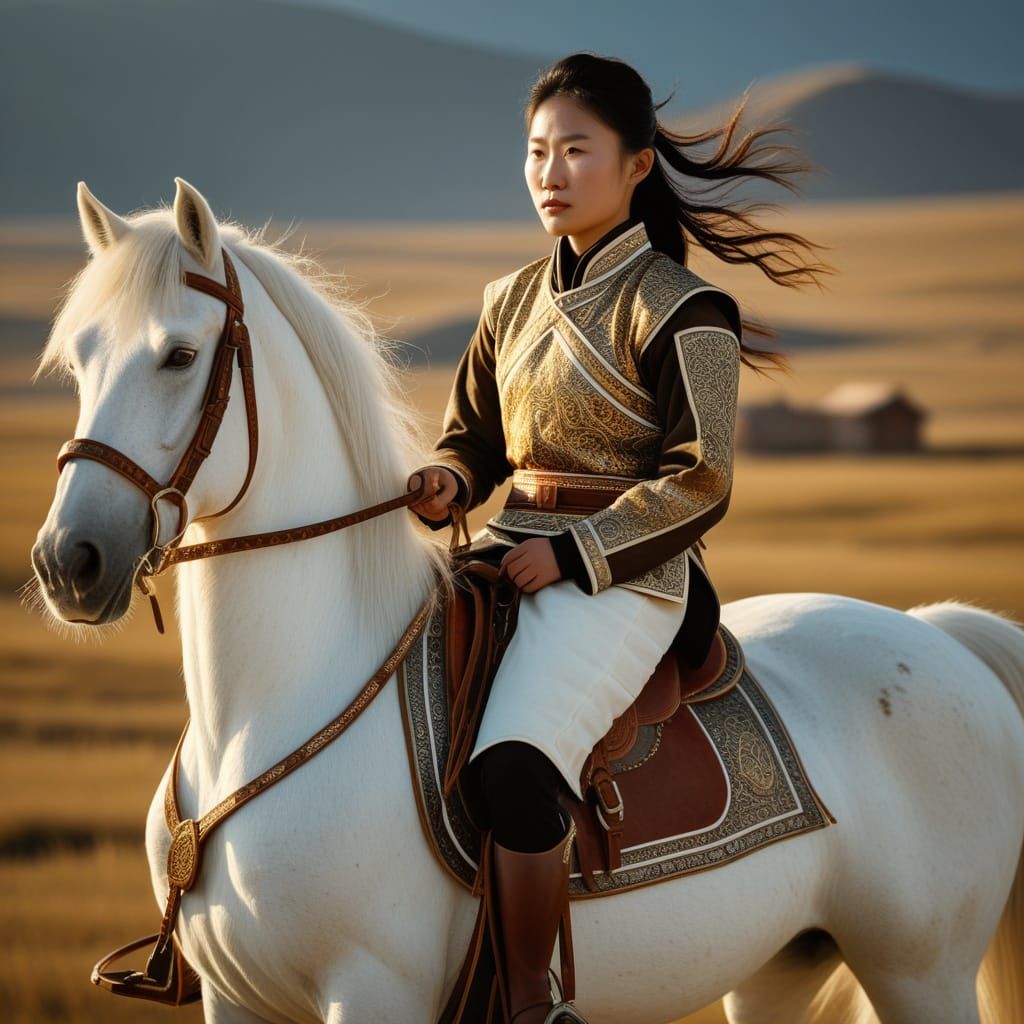 Khutulun on White Stallion in Mongolian Art Style