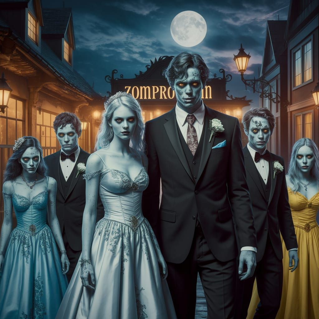 A scary prom night for zombies. The sign reads, "ZomProm". d...