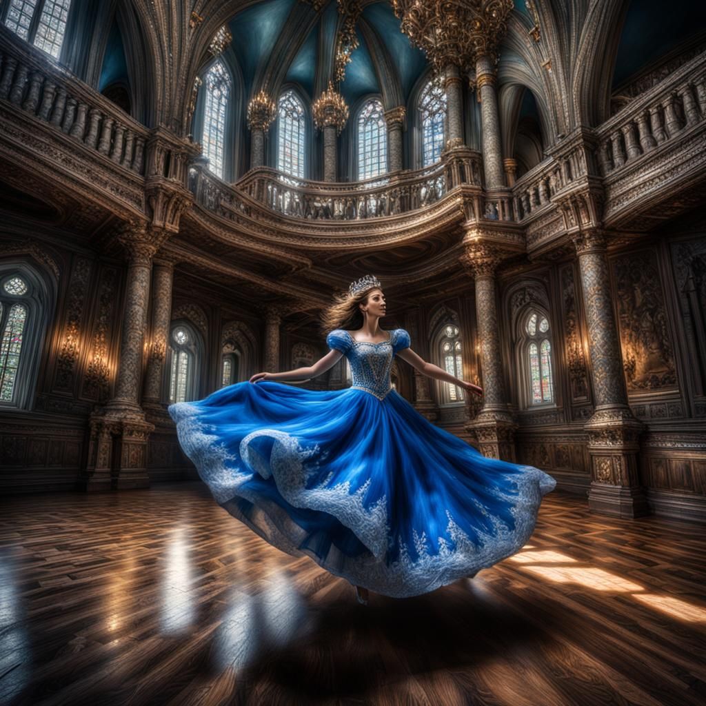 Hyperrealistic Princess Dancing Alone in Her Castle