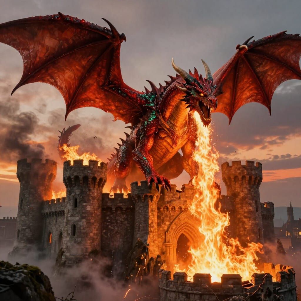 Colossal Red Dragon Attacks Medieval Castle in Unreal Engine...