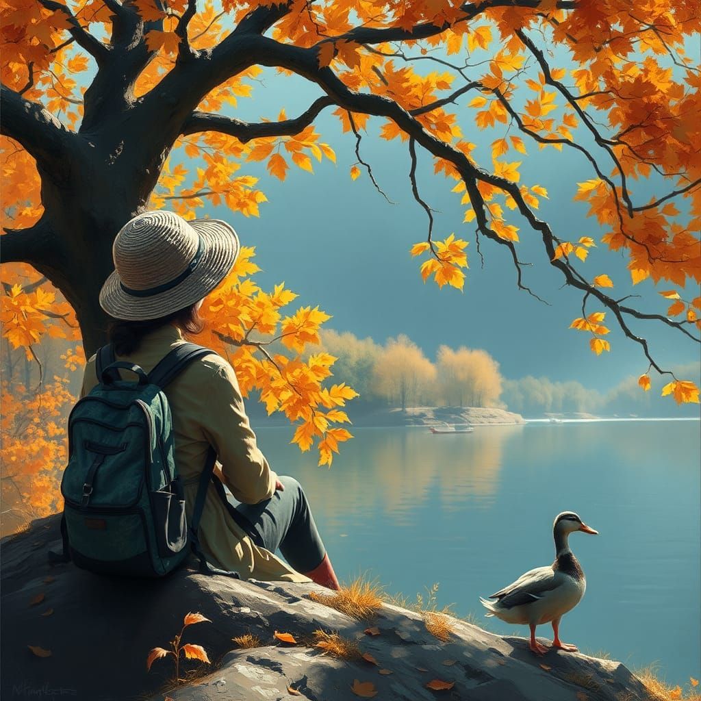 Autumnal Impressionist Scene with Woman and Duck