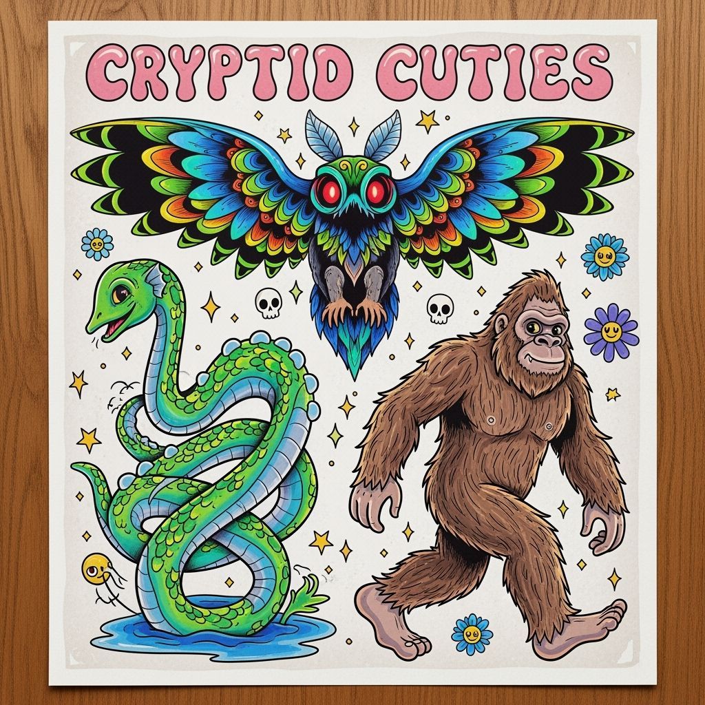 Whimsical Cryptid Tattoo Sheet in Pop Art Style
