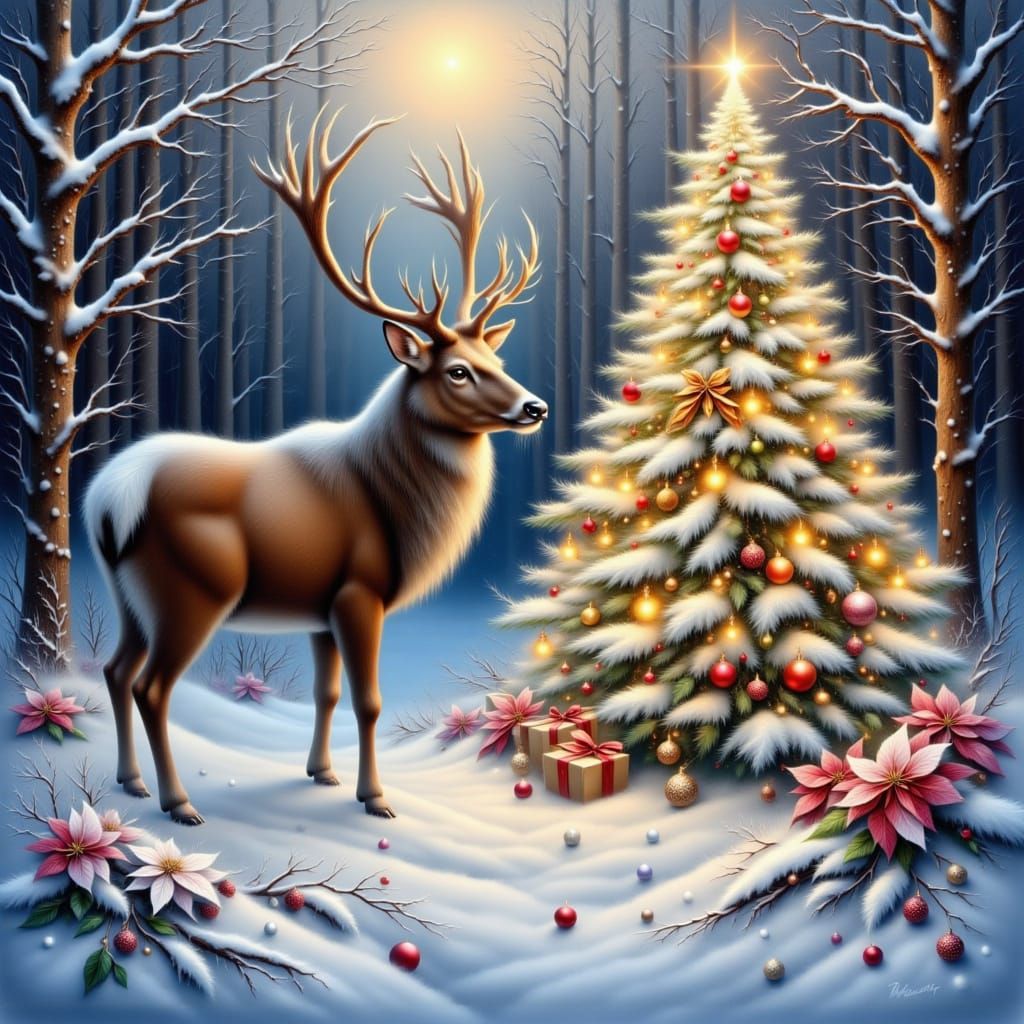Majestic Deer in Snowy Christmas Forest Oil Painting