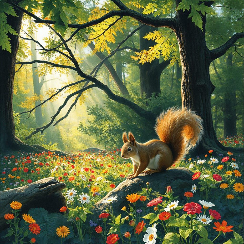 Squirrel in Woodland Glade: Expressionist-Abstract Fractal A...