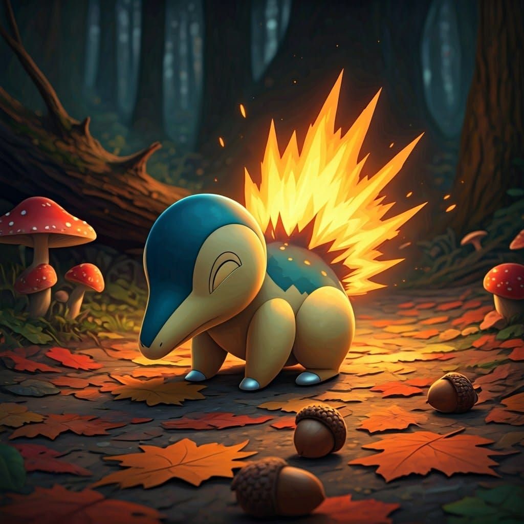 Cyndaquil in Autumn Forest, Matte Painting Style