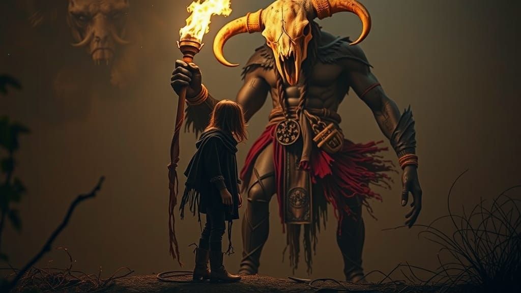 Brave Girl Confronts Shaman in Dark Fantasy Style