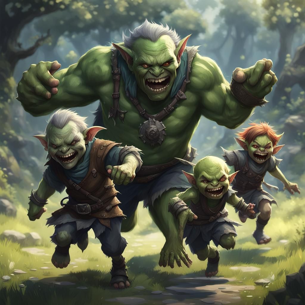 Orcish Children Playing Tag in 3D Anime Art
