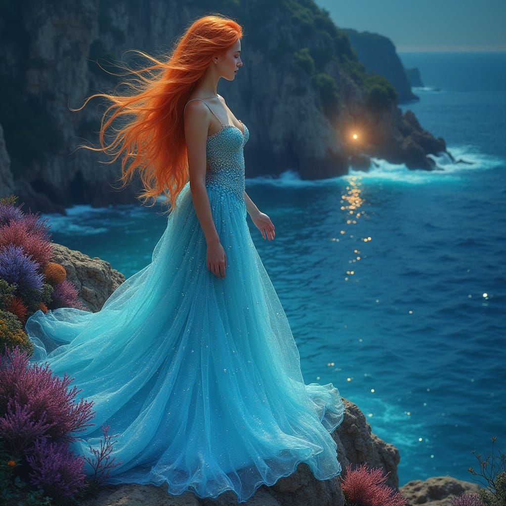 Bioluminescent Cove: Woman with Flowing Hair