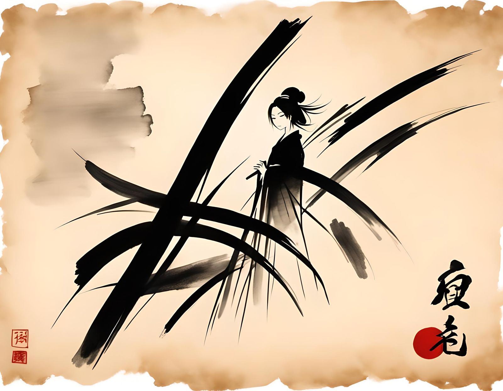 Abstract Brushstroke: Woman in Japanese Ink Art