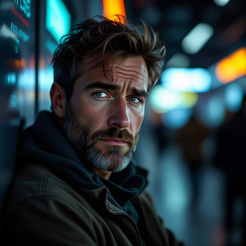 Man Awaits Fabled Phone Release in Futuristic Queue