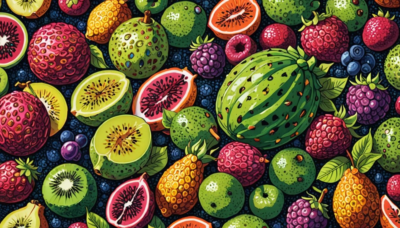 Exotic Fruits in Pointillism Style, Fauvism Color Palette