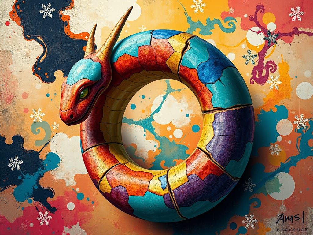 Eternal Renewal: A Vibrant Ouroboros in Fluxus Style