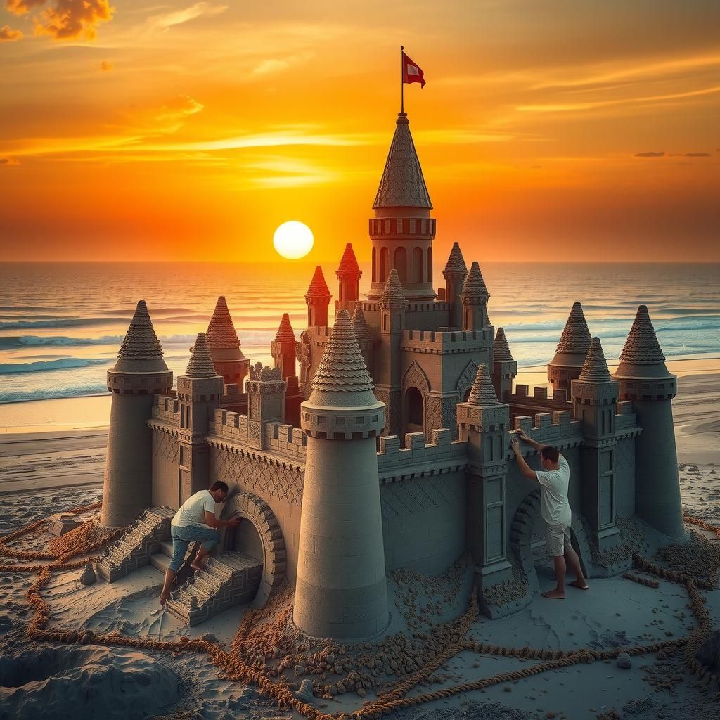 Majestic Sandcastle at Sunset: A Digital Photograph