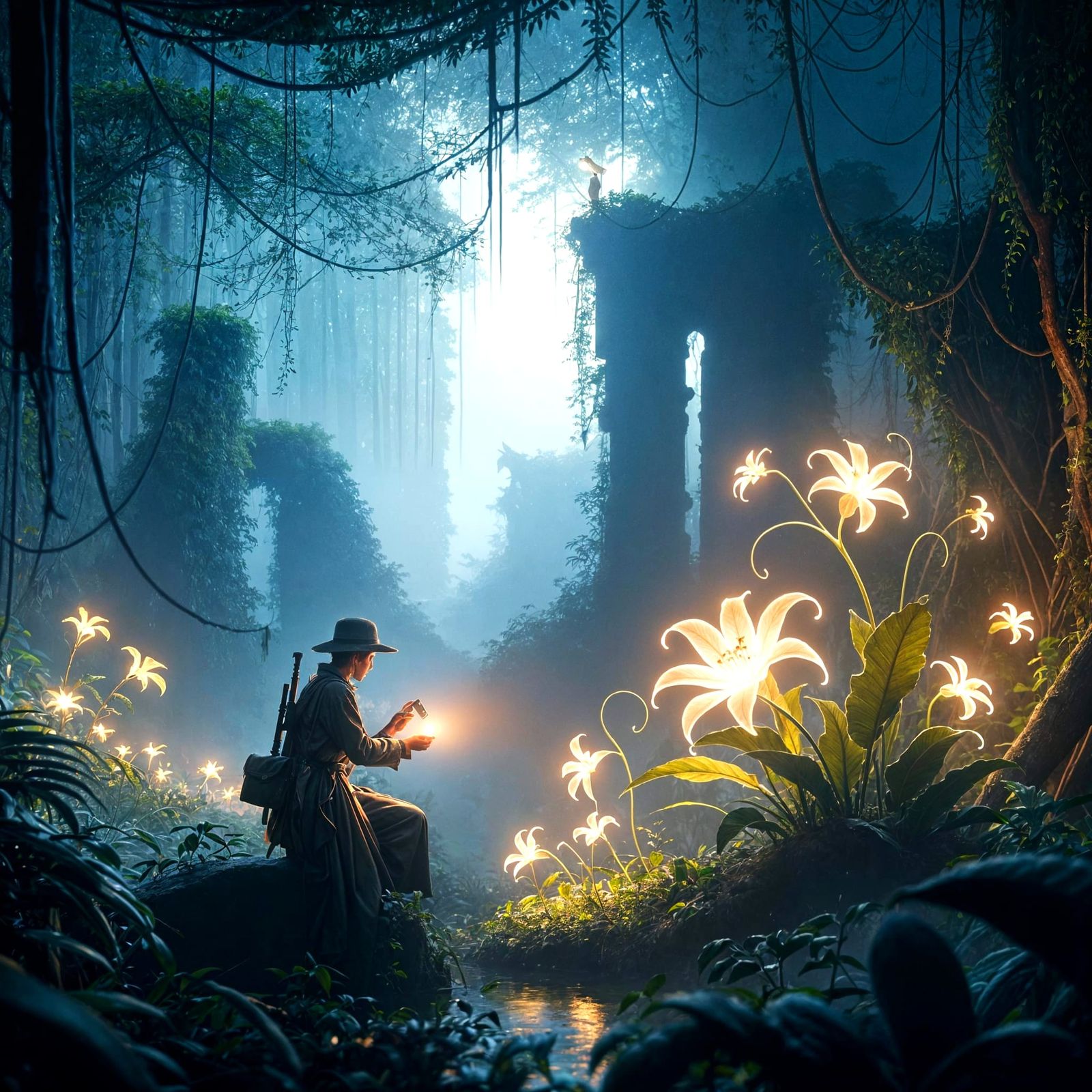 Botanist Documents Bioluminescent Flower in Misty Jungle Rui...