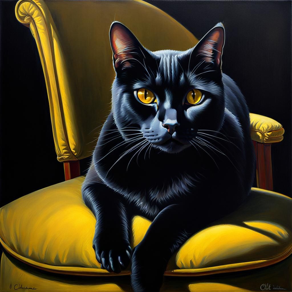 Black Cat with Glowing Eyes as Oil Painting
