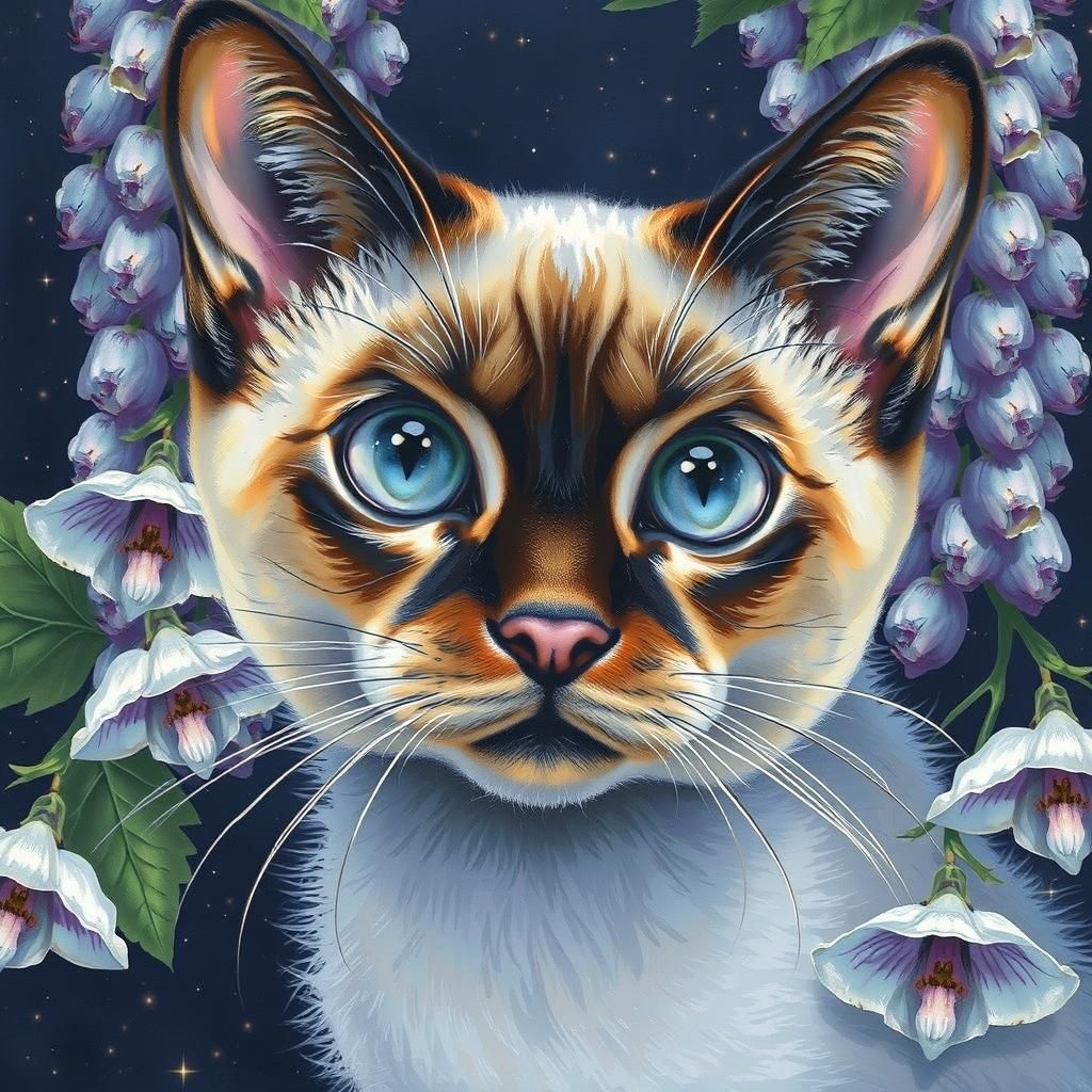 Captivating Siamese Cat Portrait with Wisteria in Photoreali...