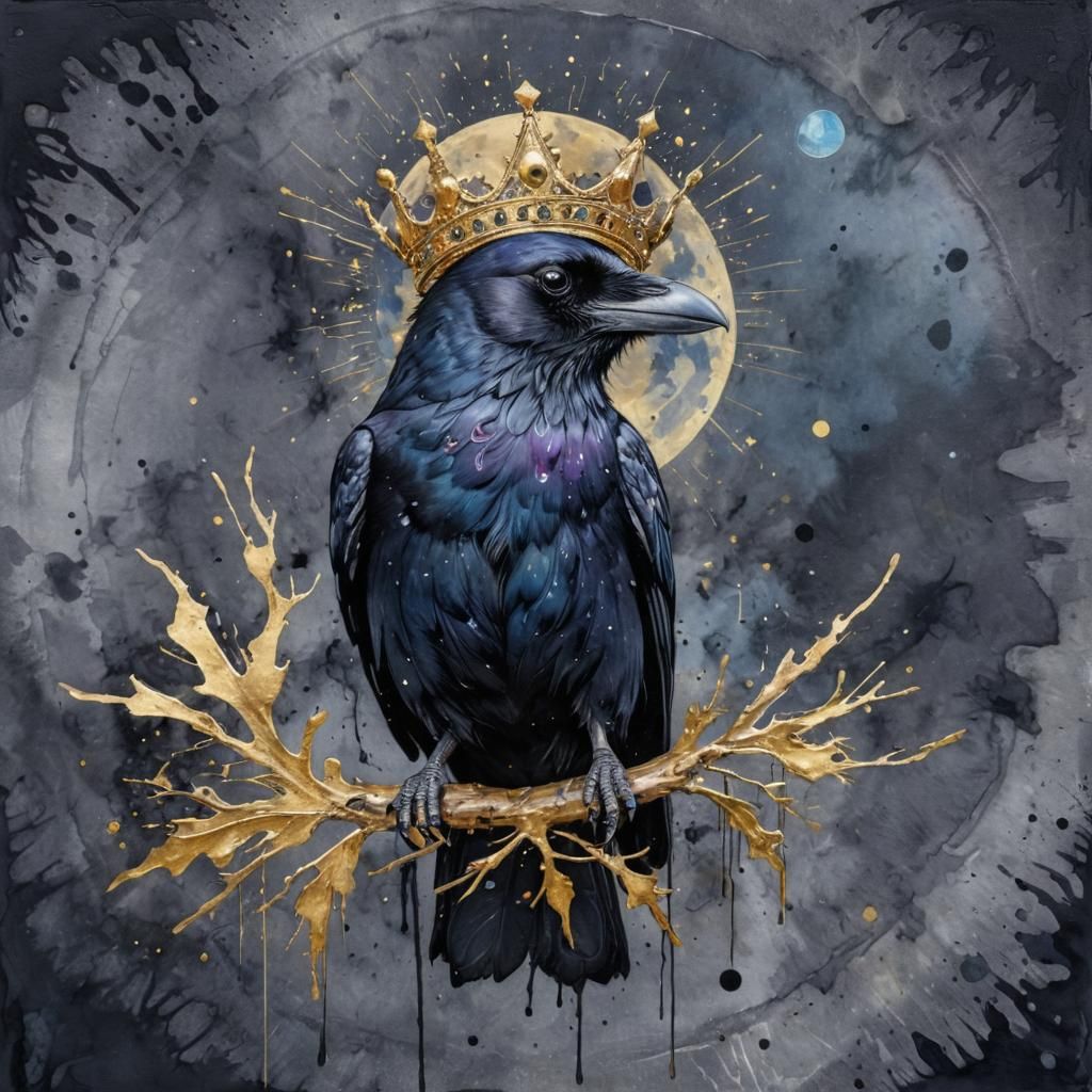 Crowned Raven with Moon in Ink Splatter Style
