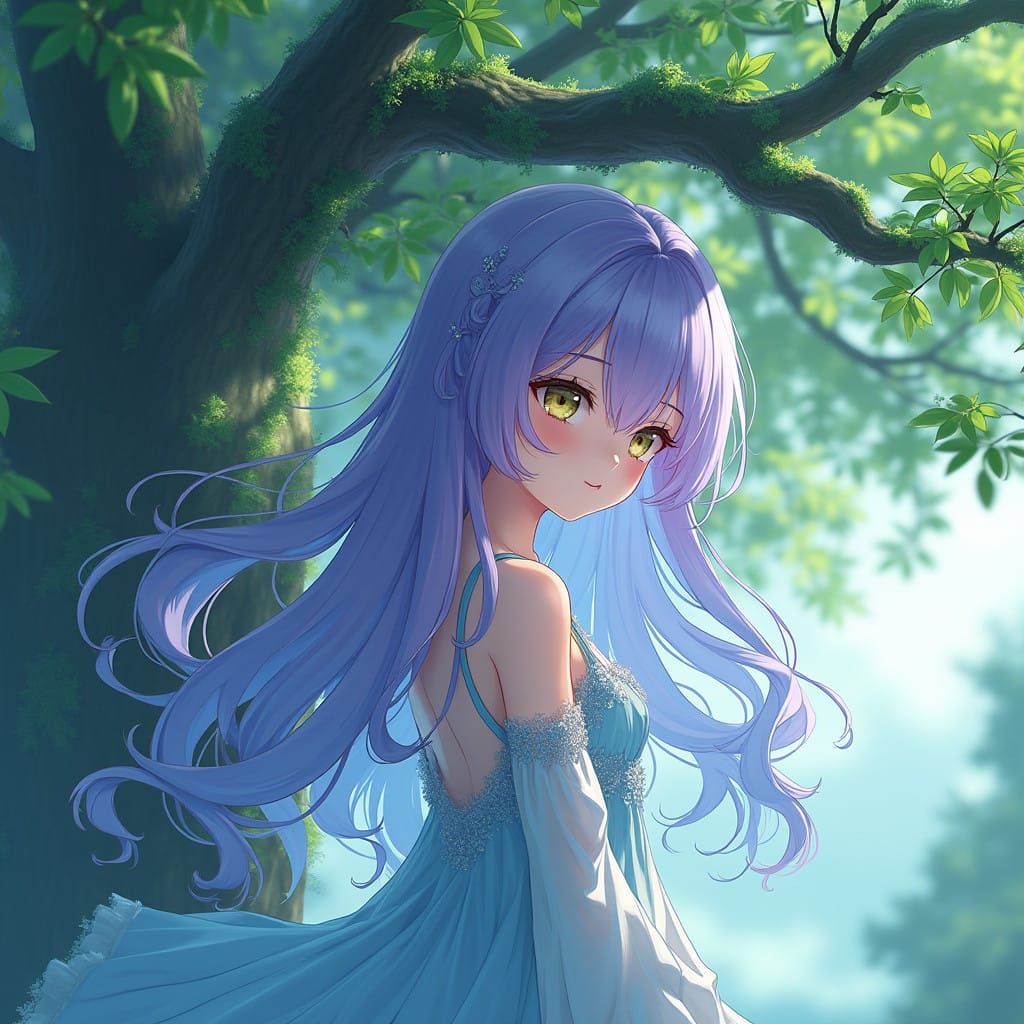 A Girl Under an Evergreen Tree in a Cyberpunk Anime Style