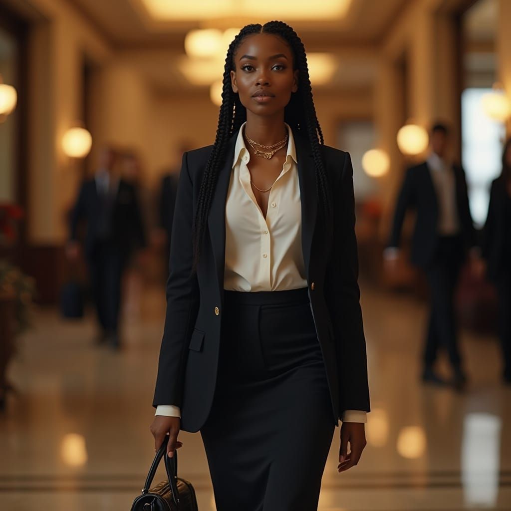 Elegant African American Woman in Luxury Hotel Lobby