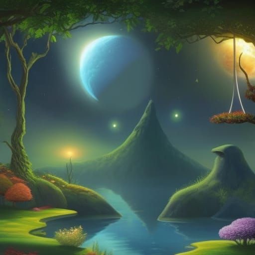 Sci-Fi Alien Zen Garden with Cosmic Sky