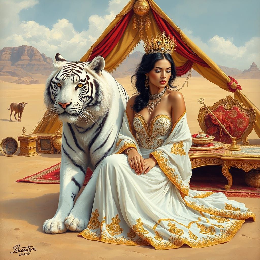 Regal Lady in Desert Oasis with White Tiger