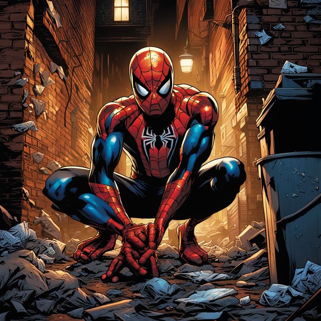 Spider-Man Confronts Bandits in Dark Alleyway