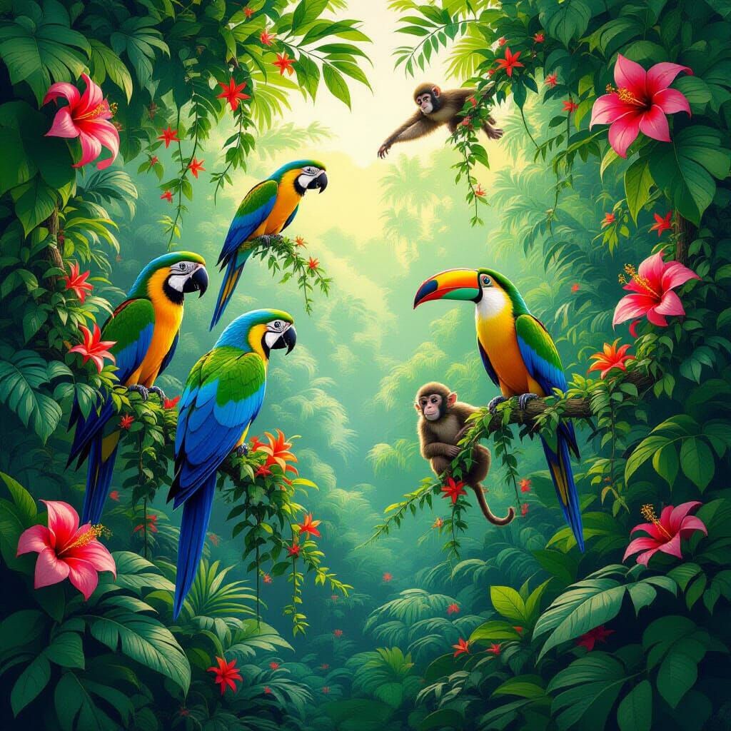 Lush Jungle Scene with Exotic Animals in Photorealistic Styl...