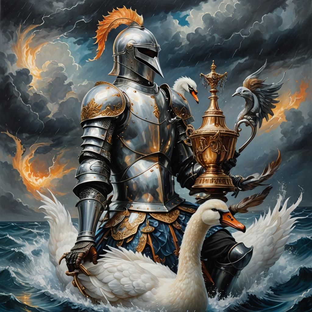 Knight Rides Swan in Stormy Surrealist Oil Painting