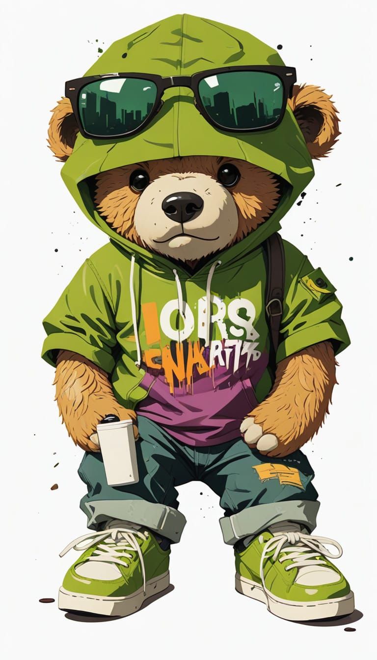 Stoic Teddy Bear in Neon Cityscape