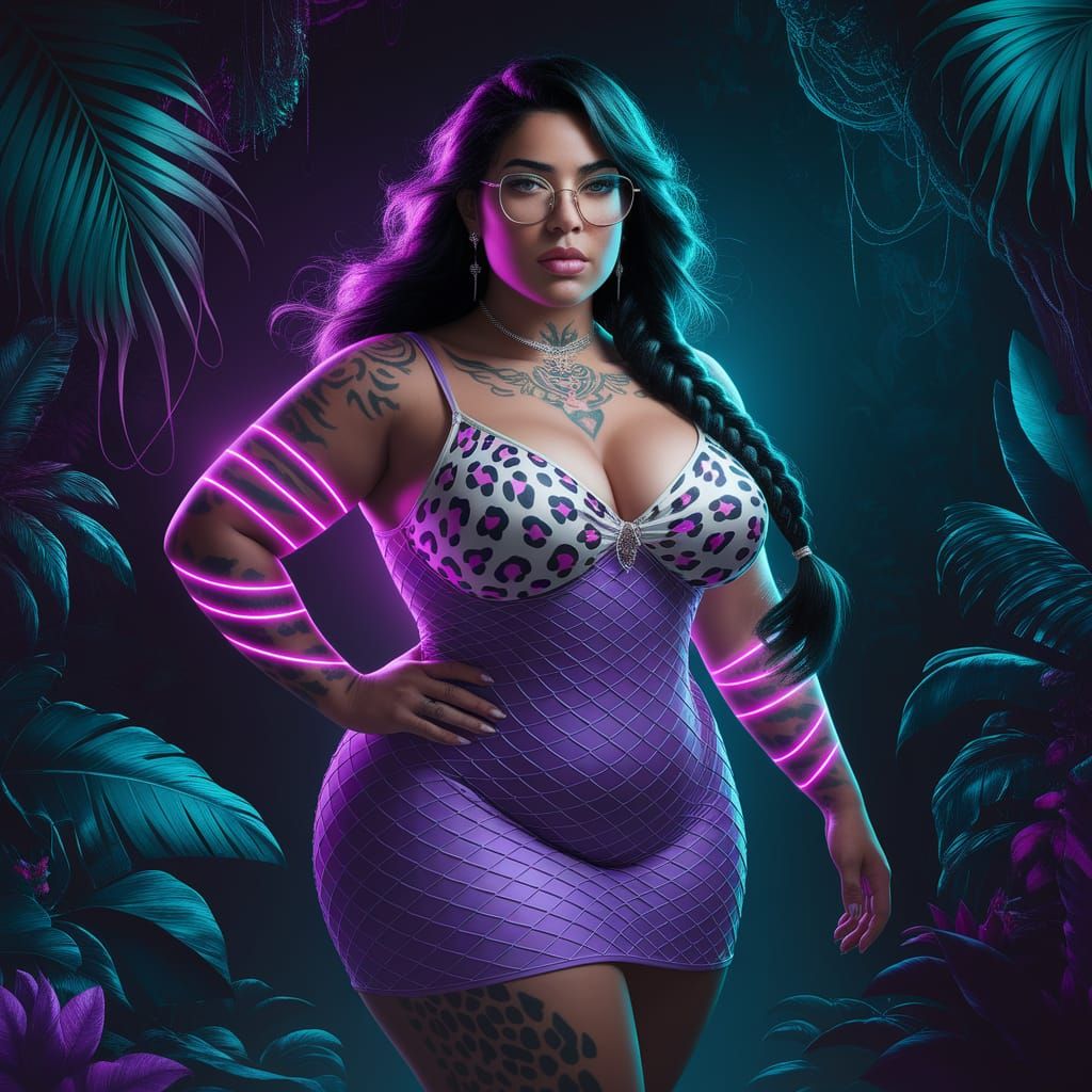 Curvy Latina with Bioluminescent Tattoos in Jungle Setting