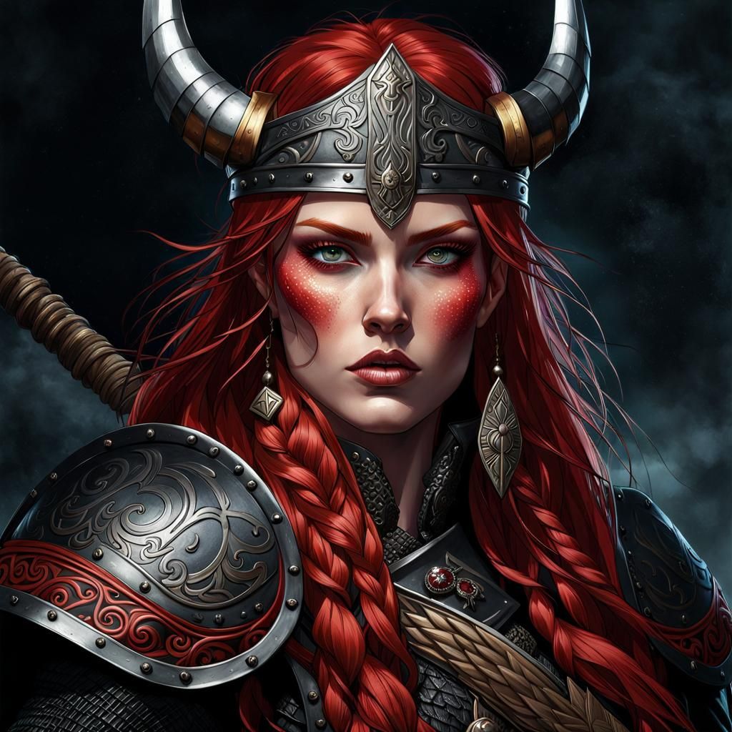 Fierce Red-Haired Viking Woman Warrior Portrait