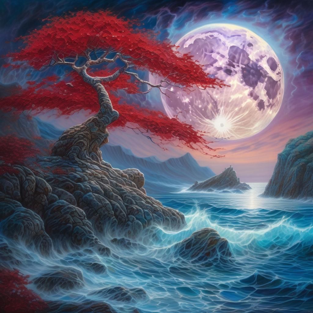 Red Maple Tree Under Moonlit Waves: Fantasy Art