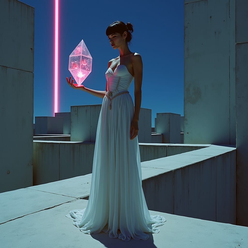 Ethereal Duchess Dominates Brutalist Cityscape in Futuristic...