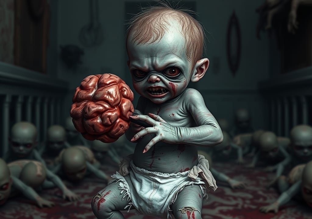 Terrifying Zombie Baby with Brain Rattle in Nursery