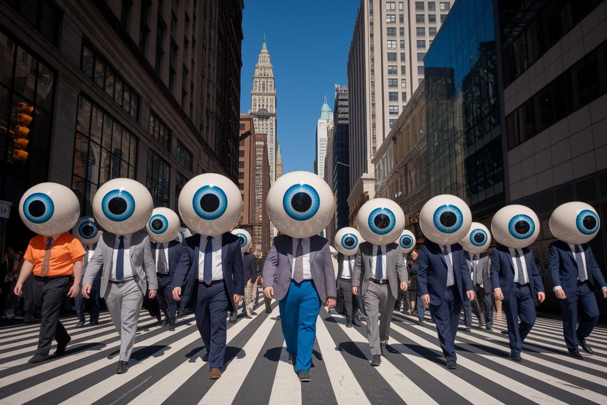 Diverse Crowd Walks Down NYC Street with Skyscrapers
