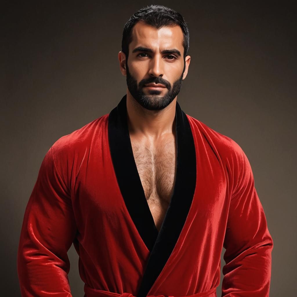 Serene Hirsute Man in Red Velvet Robe as Gouache Painting